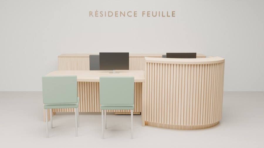 Vue de face du comptoir en 3D, finition bois clair à lames verticales, avec le bureau et deux chaises