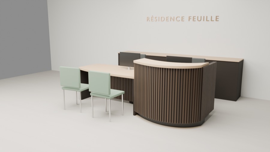 Image 3D du comptoir d'accueil de la Résidence Feuille dans le hall : banque arrondie en lames de bois foncé, bureau et deux chaises